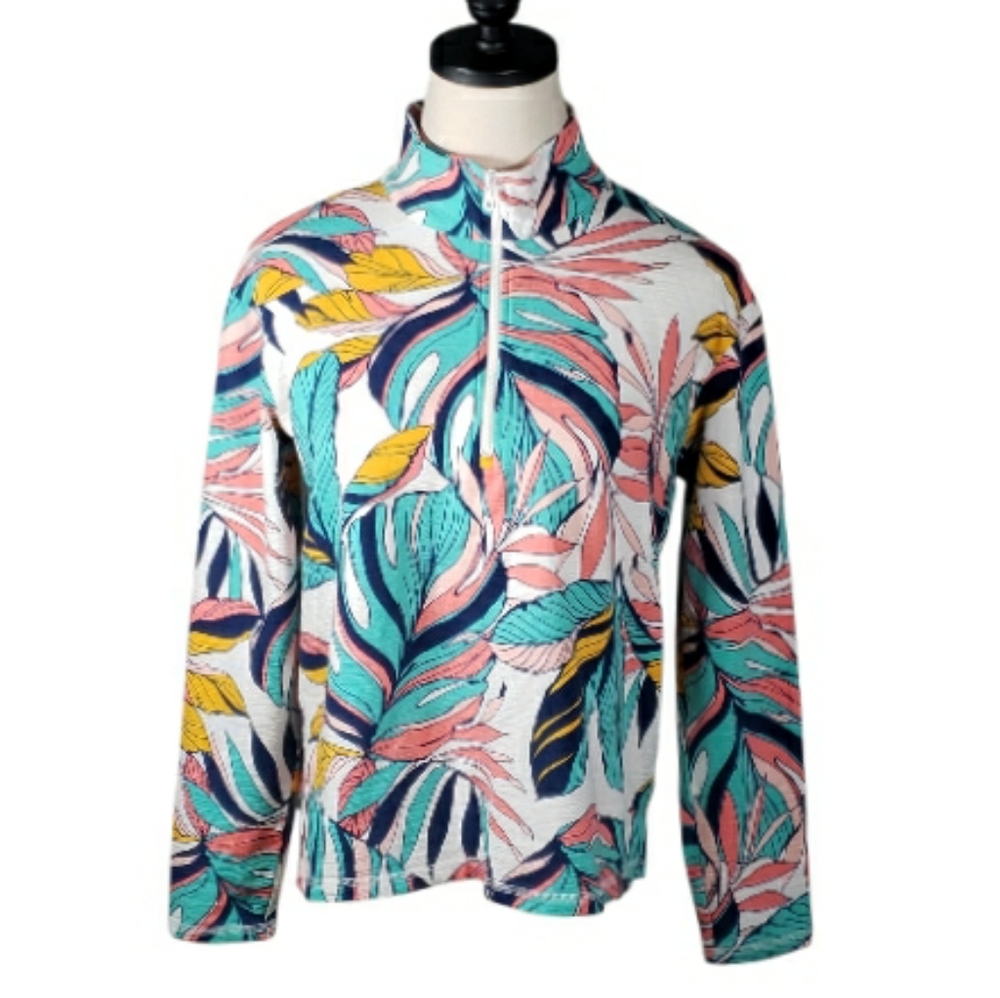 T Talbots 50+ Sun Protection Mockneck Top 1/4 Zip Bright Tropical Floral Resort